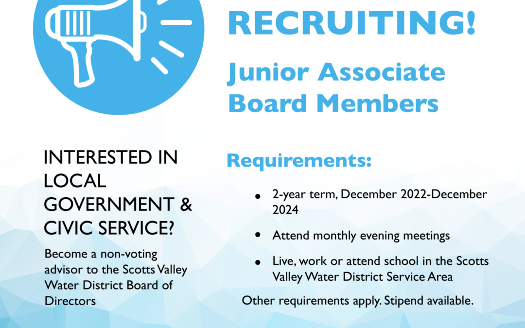 Application Period Now Open for Scotts Valley Water District Junior Associate Board Members